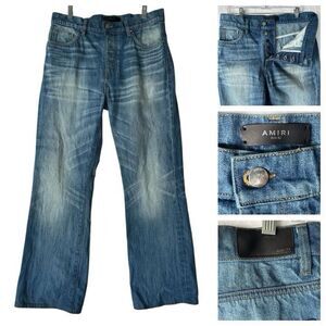 Amiri Men's Cotton Denim Blue Jeans Whiskered Boot Cut Straight Leg Size 33x29